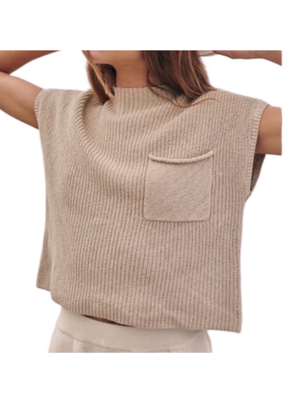 Free People Beach 100% CottonSleeveless Ribbed Knit Pocket Sweater in Beige Sz M